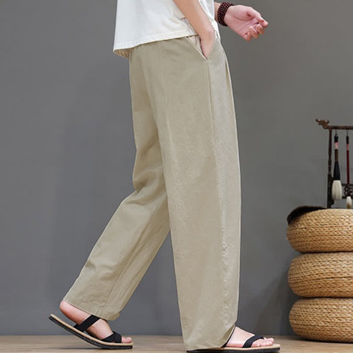 Buddha Stones Pantaloni estivi casual vintage con coulisse in cotone tinta unita, pantaloni harem da uomo con tasca - image 23