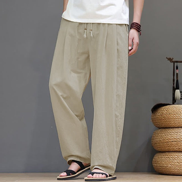 Buddha Stones Pantaloni estivi casual vintage con coulisse in cotone tinta unita, pantaloni harem da uomo con tasca - image 21