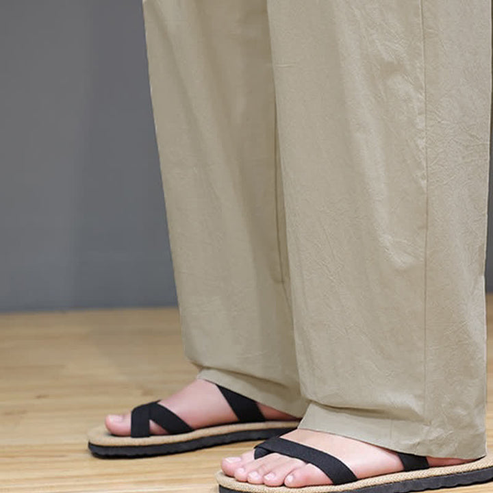 Buddha Stones Pantaloni estivi casual vintage con coulisse in cotone tinta unita, pantaloni harem da uomo con tasca - image 27
