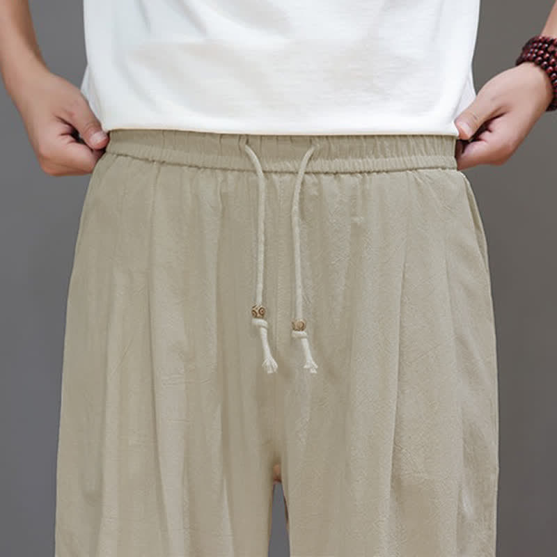 Buddha Stones Pantaloni estivi casual vintage con coulisse in cotone tinta unita, pantaloni harem da uomo con tasca - image 25