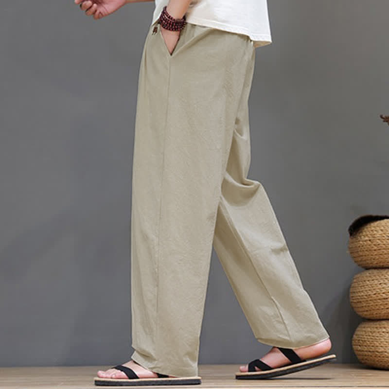 Buddha Stones Pantaloni estivi casual vintage con coulisse in cotone tinta unita, pantaloni harem da uomo con tasca - image 20