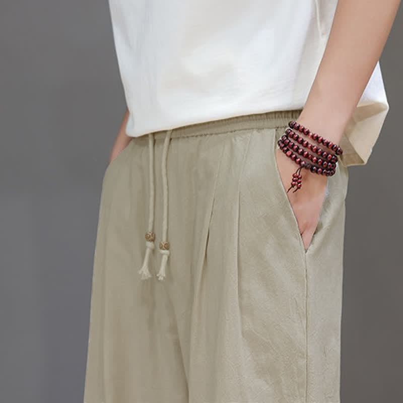 Buddha Stones Pantaloni estivi casual vintage con coulisse in cotone tinta unita, pantaloni harem da uomo con tasca - image 26