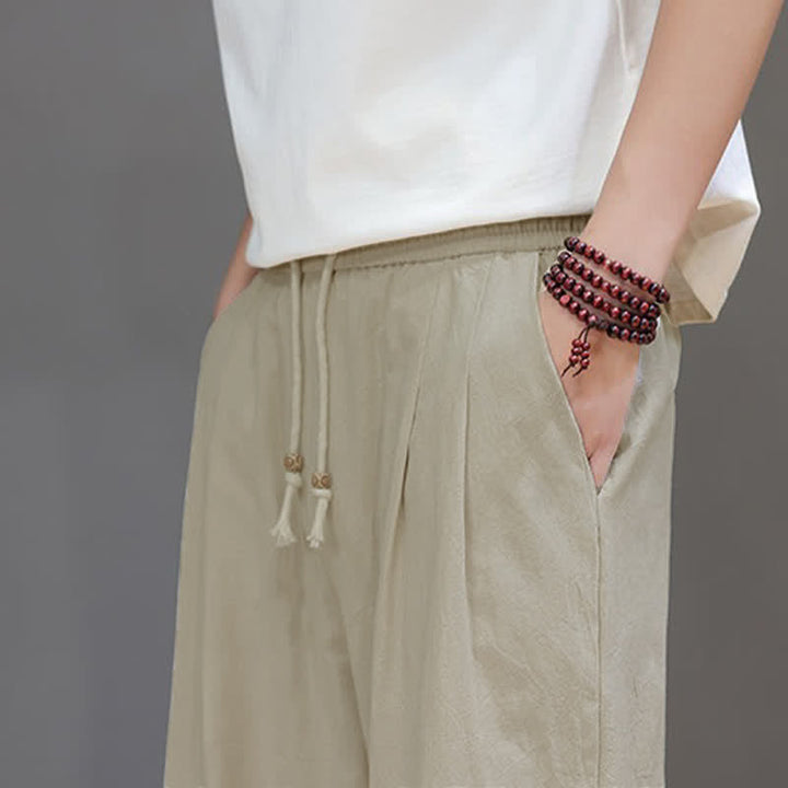 Buddha Stones Pantaloni estivi casual vintage con coulisse in cotone tinta unita, pantaloni harem da uomo con tasca - image 26