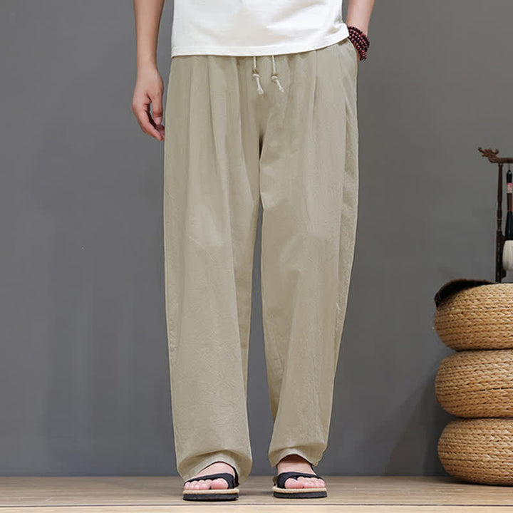 Buddha Stones Pantaloni estivi casual vintage con coulisse in cotone tinta unita, pantaloni harem da uomo con tasca - Tan - US/UK/AU48, EU58 (6XL) - image 18