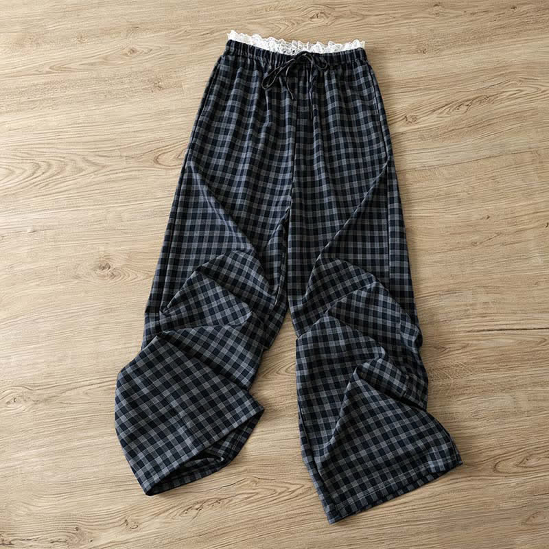 Buddha Stones Pantaloni lunghi estivi casual vintage da donna in cotone con coulisse, motivo a quadri e bordo in pizzo, gamba larga e tasche. - Marina - US8-10, UK/AU12-14, EU40-42 (2XL) - image 0