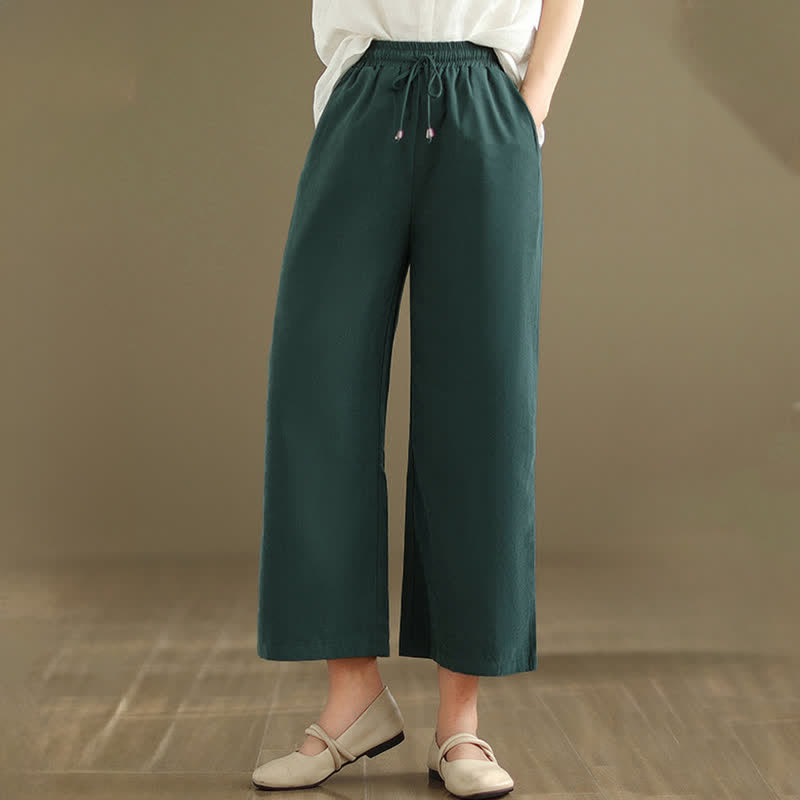 Buddha Stones Pantaloni corti estivi casual minimalisti con coulisse in cotone tinta unita da donna, gamba larga e tasca - image 5