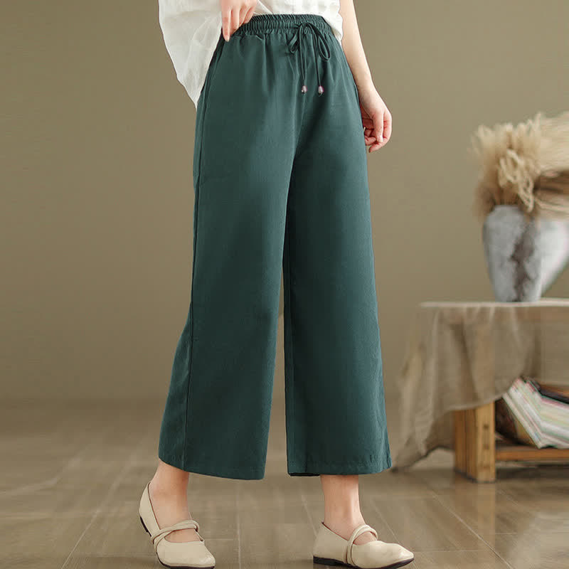 Buddha Stones Pantaloni corti estivi casual minimalisti con coulisse in cotone tinta unita da donna, gamba larga e tasca - image 1