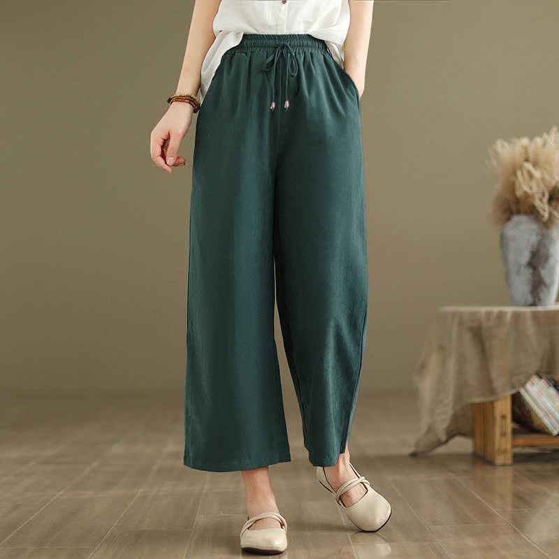 Buddha Stones Pantaloni corti estivi casual minimalisti con coulisse in cotone tinta unita da donna, gamba larga e tasca - Verde studentesco - US8-10, UK/AU12-14, EU40-42 (2XL) - image 0