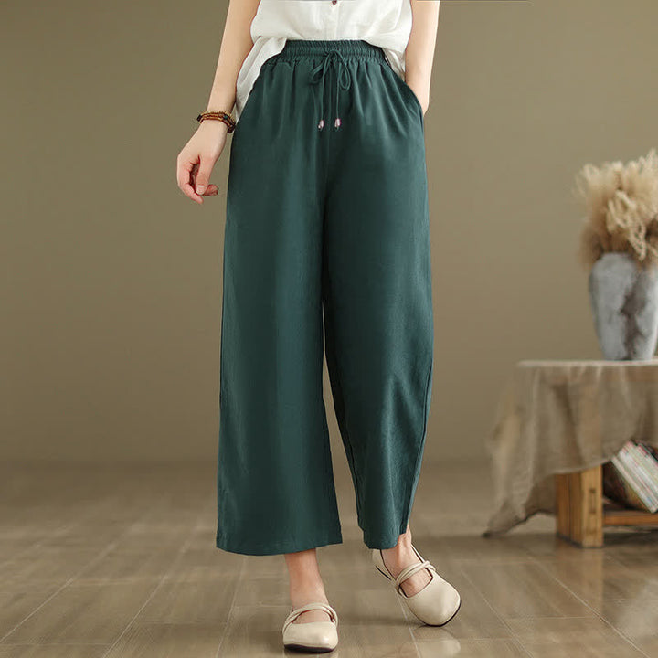 Buddha Stones Pantaloni corti estivi casual minimalisti con coulisse in cotone tinta unita da donna, gamba larga e tasca - Verde studentesco - US8-10, UK/AU12-14, EU40-42 (2XL) - image 0