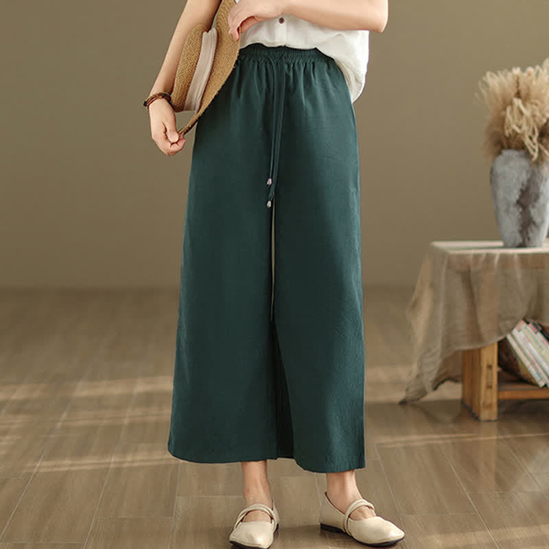Buddha Stones Pantaloni corti estivi casual minimalisti con coulisse in cotone tinta unita da donna, gamba larga e tasca - image 3