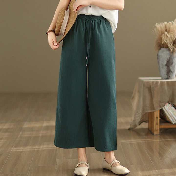 Buddha Stones Pantaloni corti estivi casual minimalisti con coulisse in cotone tinta unita da donna, gamba larga e tasca - image 3