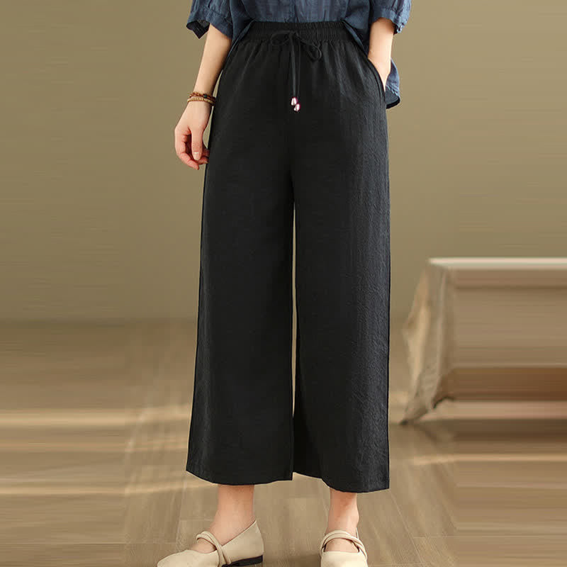 Buddha Stones Pantaloni corti estivi casual minimalisti con coulisse in cotone tinta unita da donna, gamba larga e tasca - Nero - US8-10, UK/AU12-14, EU40-42 (2XL) - image 7