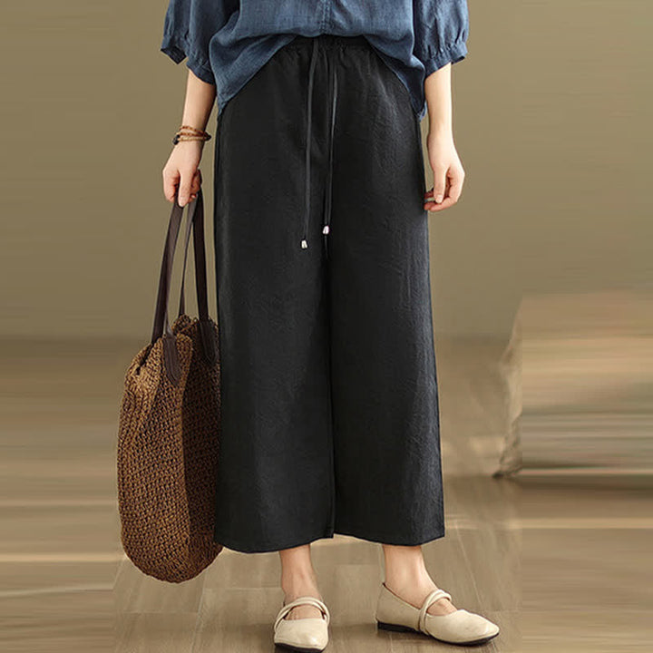 Buddha Stones Pantaloni corti estivi casual minimalisti con coulisse in cotone tinta unita da donna, gamba larga e tasca - image 12