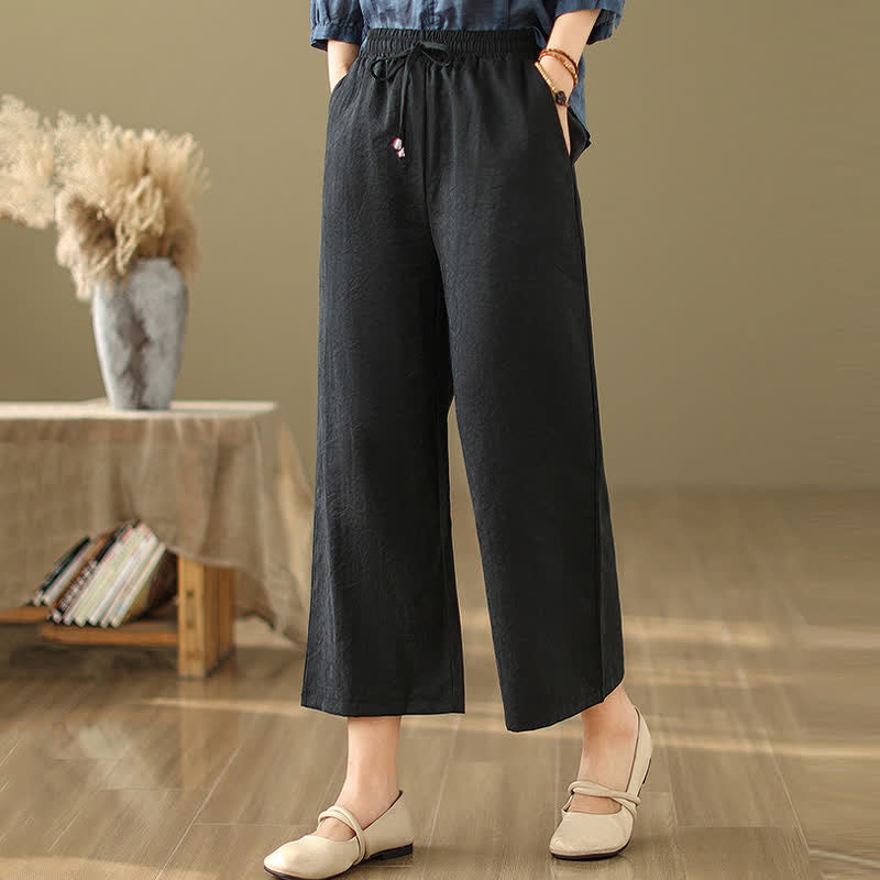 Buddha Stones Pantaloni corti estivi casual minimalisti con coulisse in cotone tinta unita da donna, gamba larga e tasca - image 9