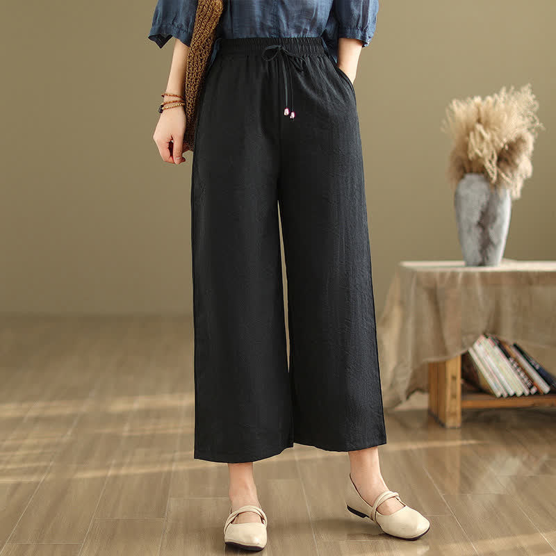 Buddha Stones Pantaloni corti estivi casual minimalisti con coulisse in cotone tinta unita da donna, gamba larga e tasca - image 8