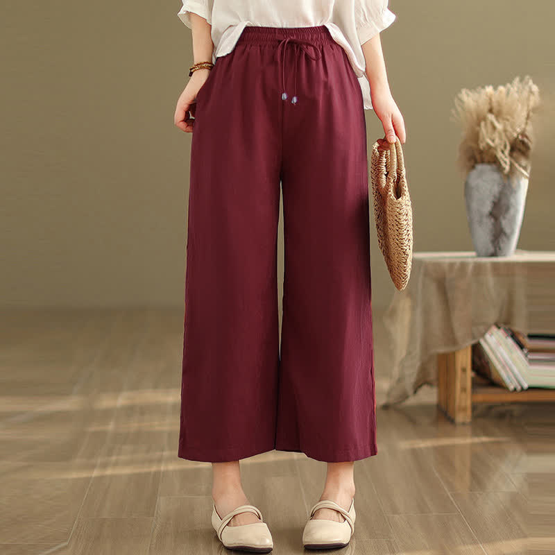 Buddha Stones Pantaloni corti estivi casual minimalisti con coulisse in cotone tinta unita da donna, gamba larga e tasca - image 16