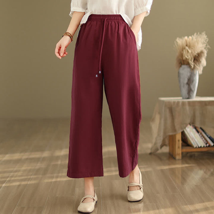Buddha Stones Pantaloni corti estivi casual minimalisti con coulisse in cotone tinta unita da donna, gamba larga e tasca - image 17