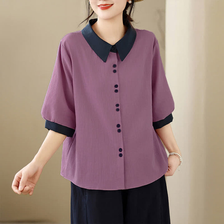 Buddha Stones Camicia da donna a maniche corte, elegante, con colletto a contrasto e chiusura a bottoni, ideale per l'estate. - image 4