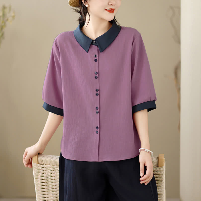 Buddha Stones Camicia da donna a maniche corte, elegante, con colletto a contrasto e chiusura a bottoni, ideale per l'estate. - Viola medio - US8-10, UK/AU12-14, EU40-42 (2XL) - image 0