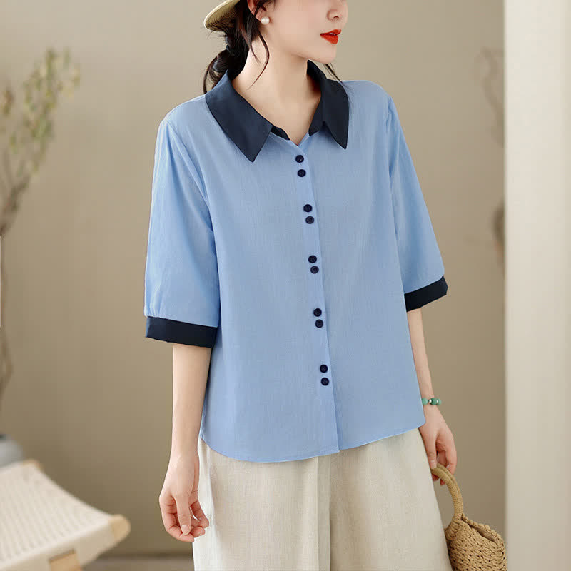 Buddha Stones Camicia da donna a maniche corte, elegante, con colletto a contrasto e chiusura a bottoni, ideale per l'estate. - Azzurro cielo chiaro - US8-10, UK/AU12-14, EU40-42 (2XL) - image 11