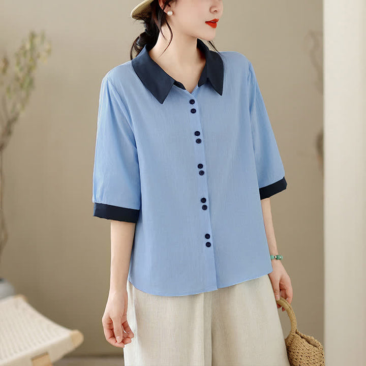 Buddha Stones Camicia da donna a maniche corte, elegante, con colletto a contrasto e chiusura a bottoni, ideale per l'estate. - Azzurro cielo chiaro - US8-10, UK/AU12-14, EU40-42 (2XL) - image 11