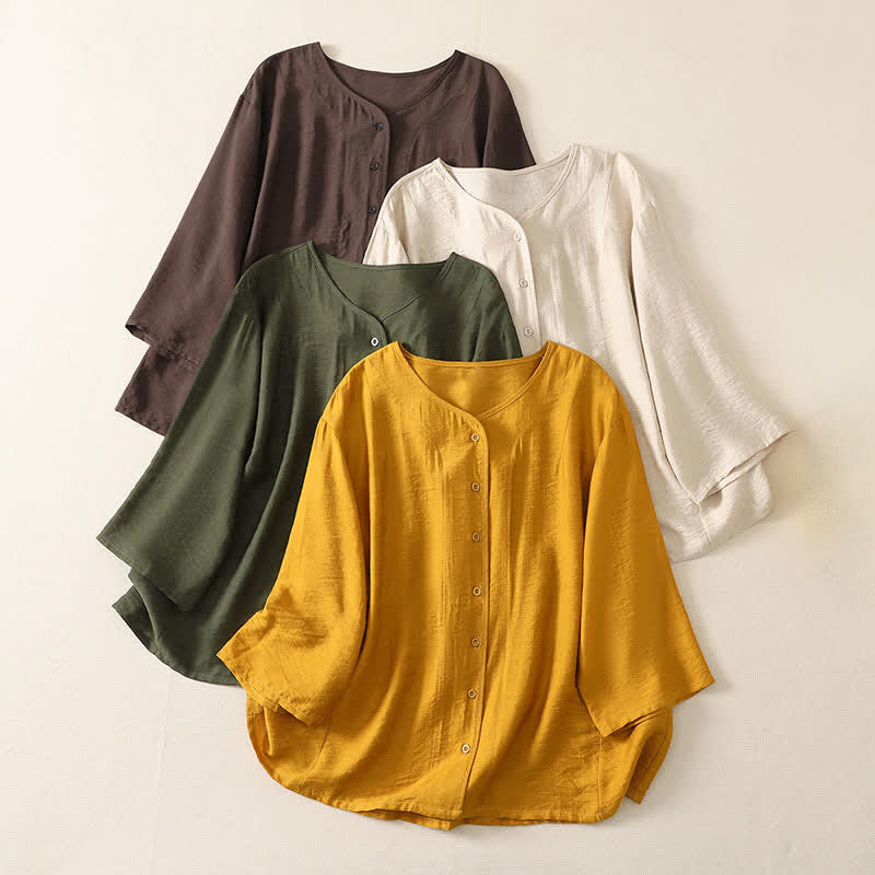 Buddha Stones Camicia da donna estiva casual minimalista a maniche lunghe con bottoni. - image 21