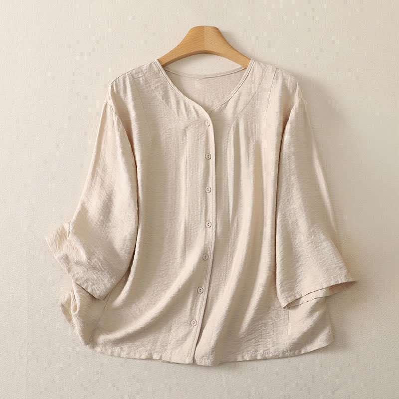Buddha Stones Camicia da donna estiva casual minimalista a maniche lunghe con bottoni. - Bianco antico - US12, UK/AU16, EU44 (3XL) - image 9