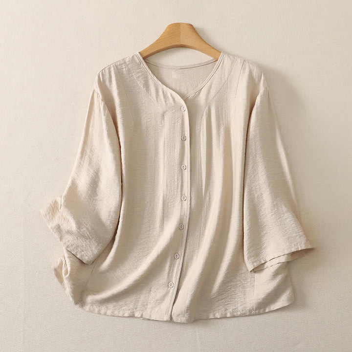 Buddha Stones Camicia da donna estiva casual minimalista a maniche lunghe con bottoni. - Bianco antico - US12, UK/AU16, EU44 (3XL) - image 9