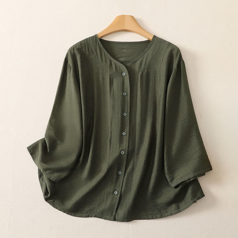 Buddha Stones Camicia da donna estiva casual minimalista a maniche lunghe con bottoni. - Verde oliva scuro - US12, UK/AU16, EU44 (3XL) - image 13