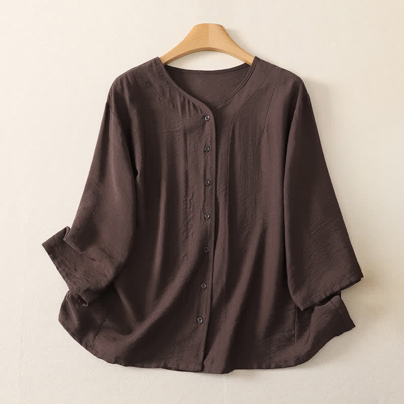 Buddha Stones Camicia da donna estiva casual minimalista a maniche lunghe con bottoni. - Marrone sella - US12, UK/AU16, EU44 (3XL) - image 17