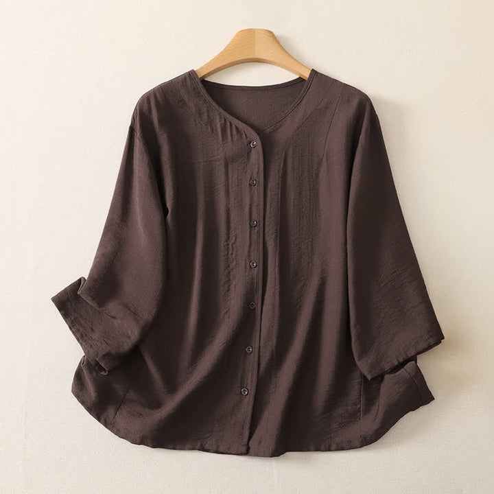 Buddha Stones Camicia da donna estiva casual minimalista a maniche lunghe con bottoni. - Marrone sella - US12, UK/AU16, EU44 (3XL) - image 17