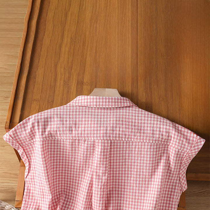 Buddha Stones Camicia senza maniche da donna estiva casual vintage con bottoni e stampa a quadri. - image 3