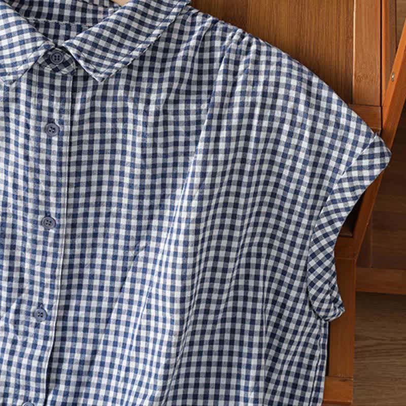 Buddha Stones Camicia senza maniche da donna estiva casual vintage con bottoni e stampa a quadri. - image 11