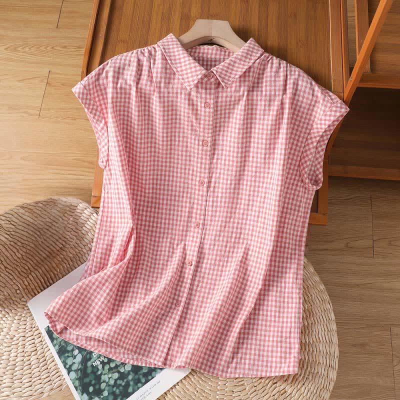 Buddha Stones Camicia senza maniche da donna estiva casual vintage con bottoni e stampa a quadri. - Rosa chiaro - US14, UK/AU18, EU46 (2XL) - image 0