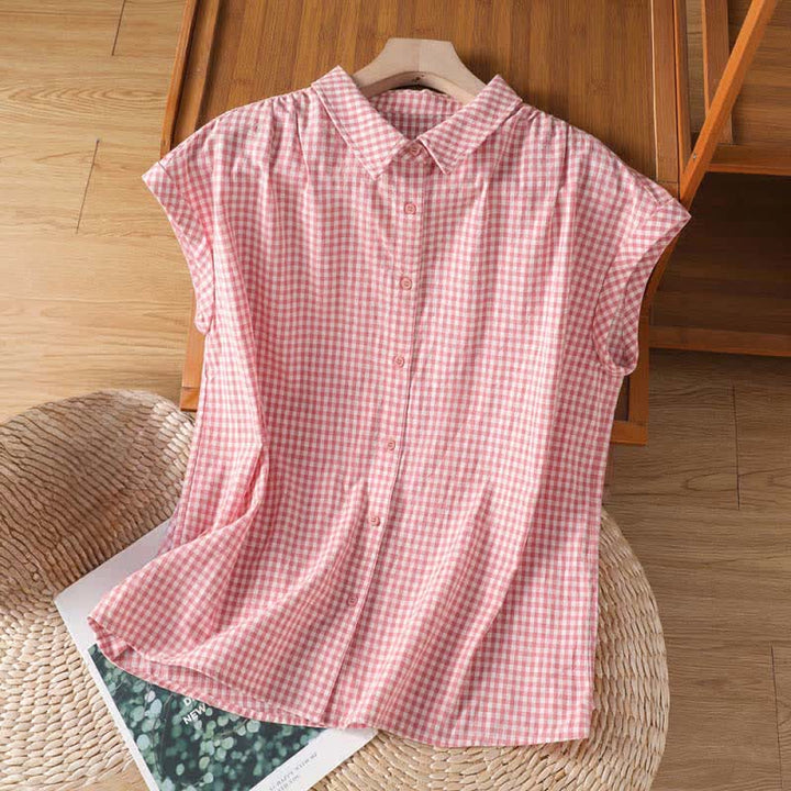 Buddha Stones Camicia senza maniche da donna estiva casual vintage con bottoni e stampa a quadri. - Rosa chiaro - US14, UK/AU18, EU46 (2XL) - image 0