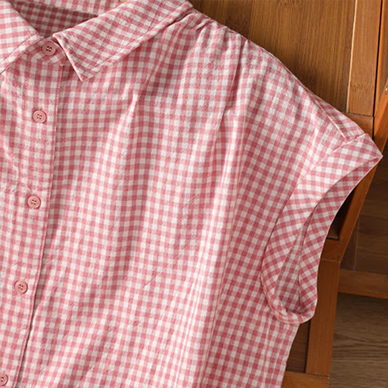 Buddha Stones Camicia senza maniche da donna estiva casual vintage con bottoni e stampa a quadri. - image 4