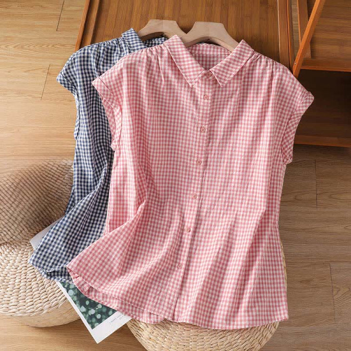 Buddha Stones Camicia senza maniche da donna estiva casual vintage con bottoni e stampa a quadri. - image 13