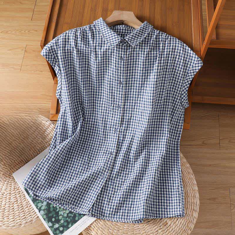 Buddha Stones Camicia senza maniche da donna estiva casual vintage con bottoni e stampa a quadri. - SteelBlue - US14, UK/AU18, EU46 (2XL) - image 7