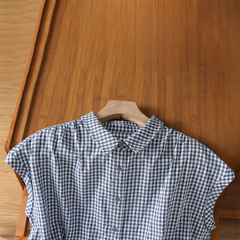 Buddha Stones Camicia senza maniche da donna estiva casual vintage con bottoni e stampa a quadri. - image 9