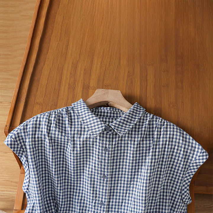 Buddha Stones Camicia senza maniche da donna estiva casual vintage con bottoni e stampa a quadri. - image 9
