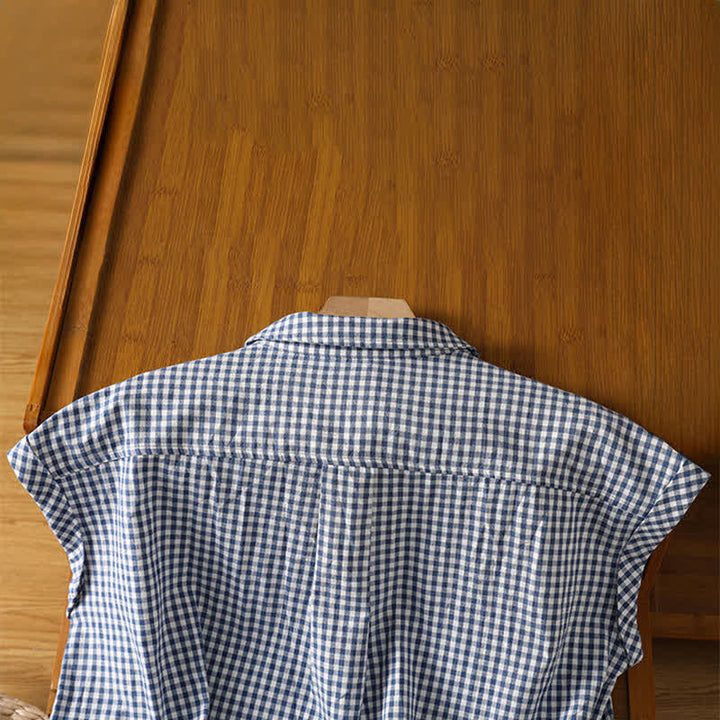 Buddha Stones Camicia senza maniche da donna estiva casual vintage con bottoni e stampa a quadri. - image 10
