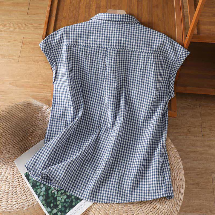 Buddha Stones Camicia senza maniche da donna estiva casual vintage con bottoni e stampa a quadri. - image 8