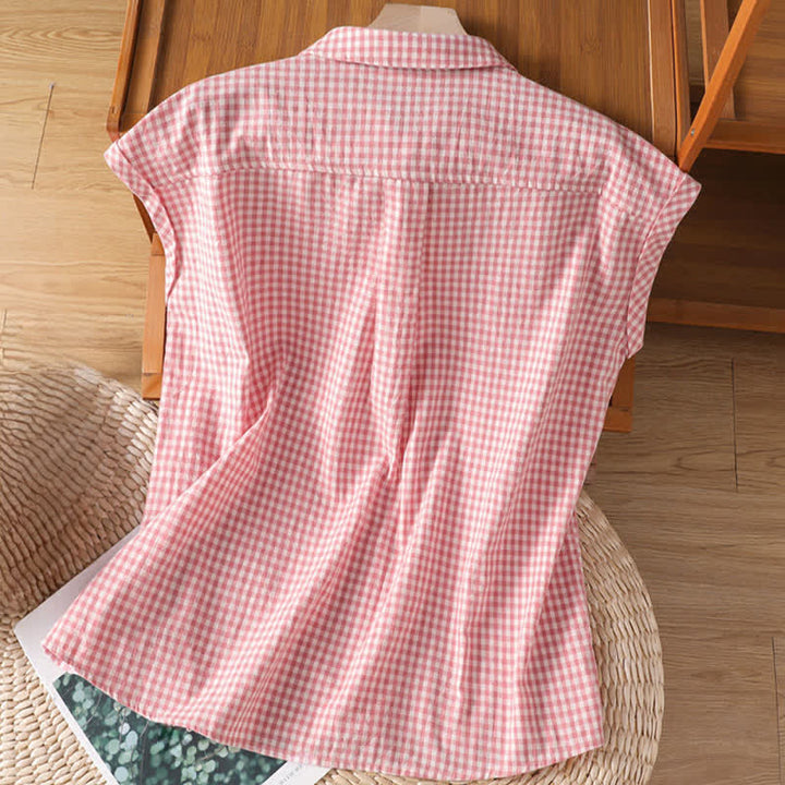Buddha Stones Camicia senza maniche da donna estiva casual vintage con bottoni e stampa a quadri. - image 1