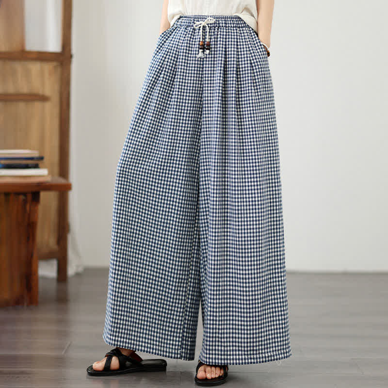 Buddha Stones Pantaloni estivi casual con coulisse, a quadri piccoli, alla caviglia, da donna, a gamba larga con tasca - image 1