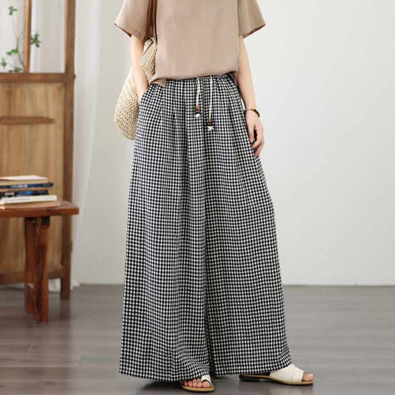 Buddha Stones Pantaloni estivi casual con coulisse, a quadri piccoli, alla caviglia, da donna, a gamba larga con tasca - Nero - US8-10, UK/AU12-14, EU40-42 (2XL) - image 8