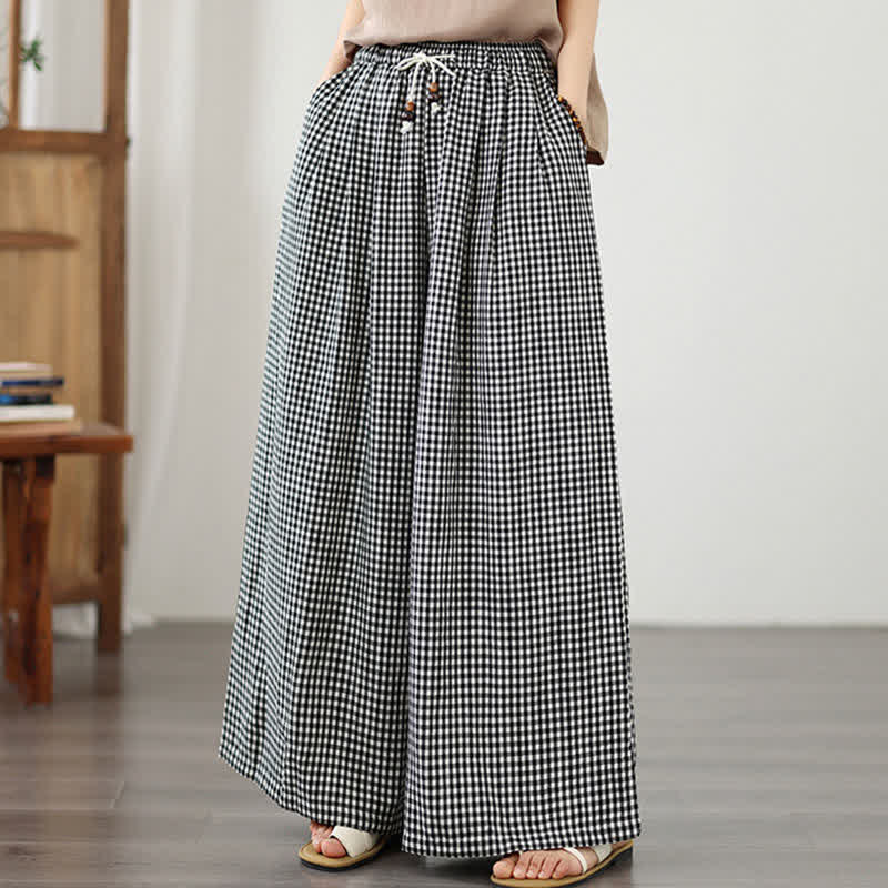 Buddha Stones Pantaloni estivi casual con coulisse, a quadri piccoli, alla caviglia, da donna, a gamba larga con tasca - image 13