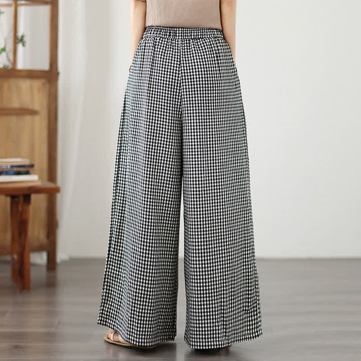 Buddha Stones Pantaloni estivi casual con coulisse, a quadri piccoli, alla caviglia, da donna, a gamba larga con tasca - image 11