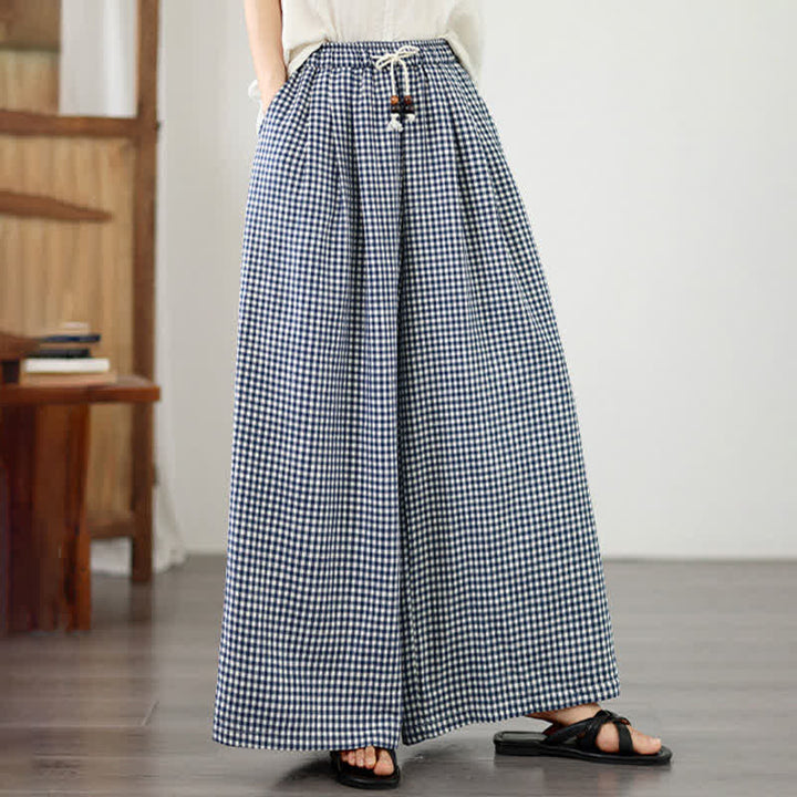 Buddha Stones Pantaloni estivi casual con coulisse, a quadri piccoli, alla caviglia, da donna, a gamba larga con tasca - Blu acciaio chiaro - US8-10, UK/AU12-14, EU40-42 (2XL) - image 0