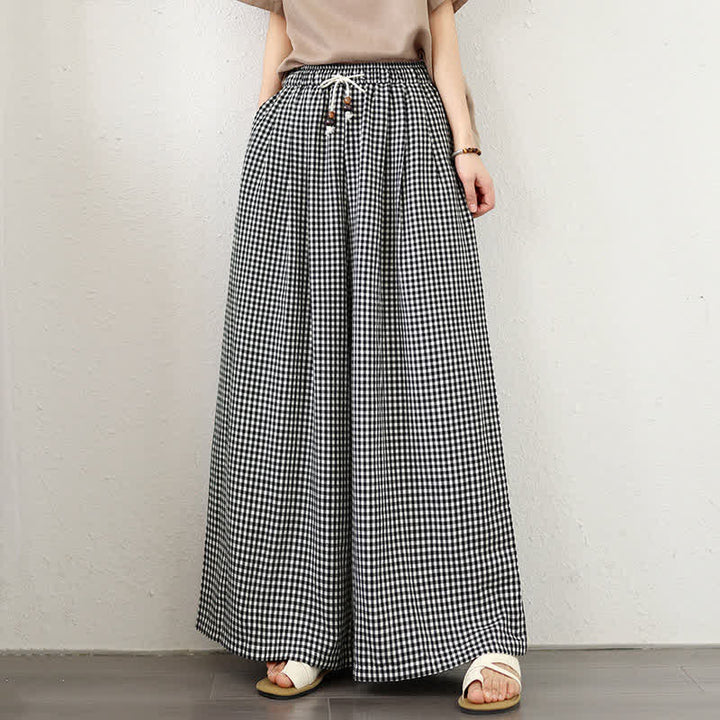Buddha Stones Pantaloni estivi casual con coulisse, a quadri piccoli, alla caviglia, da donna, a gamba larga con tasca - image 10