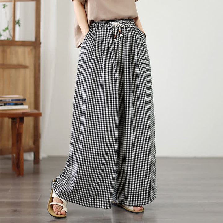 Buddha Stones Pantaloni estivi casual con coulisse, a quadri piccoli, alla caviglia, da donna, a gamba larga con tasca - image 9